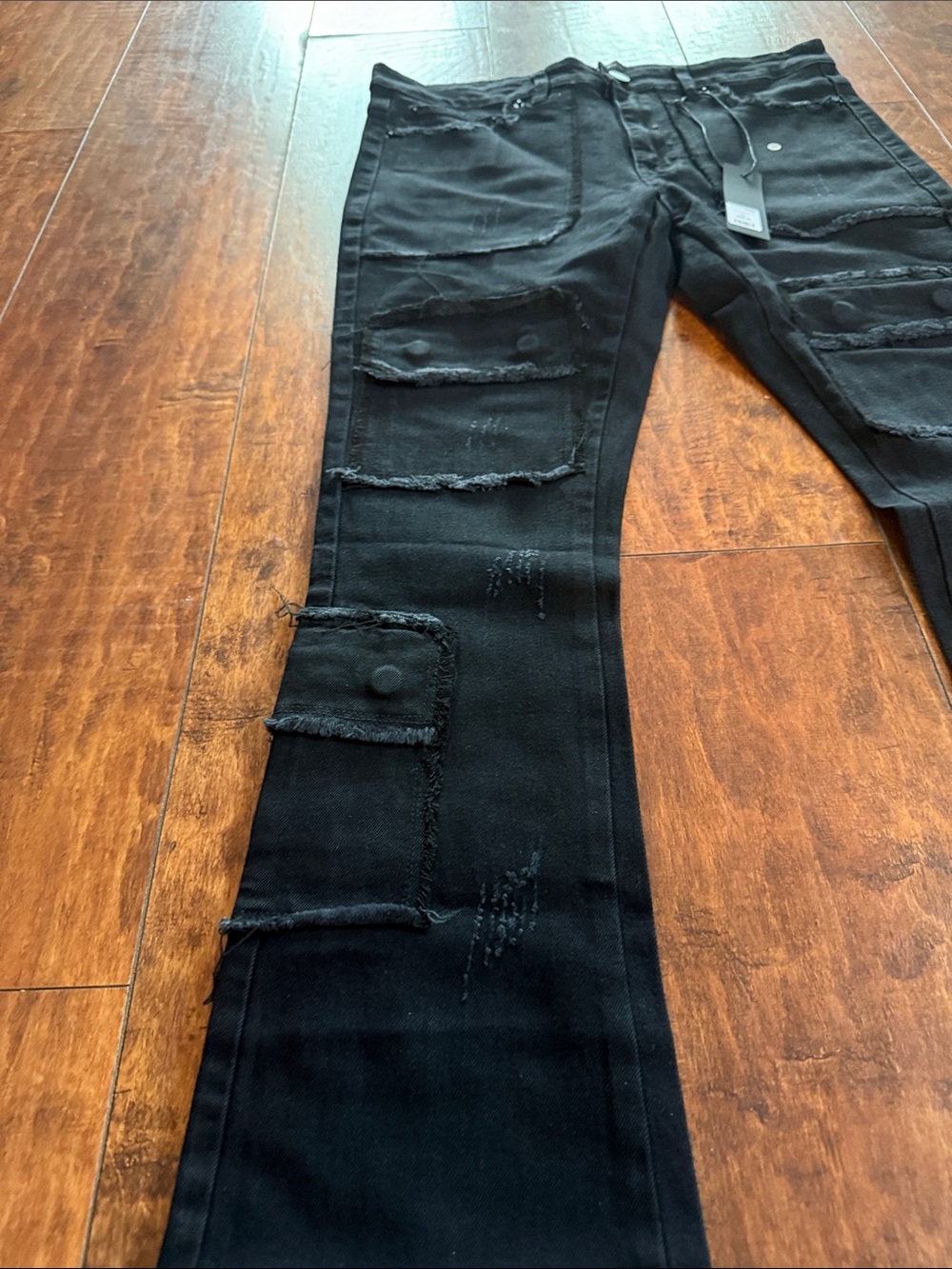 Black Distressed Skinny Flare Cargo Jeans - Picture 2 of 6